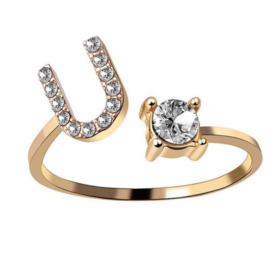 Ring Met Letter - Ring Met Steen - Letter Ring - Ring Letter - Initial Ring - (Zilver) Gold-Plated Letter U - Cadeautje voor haar