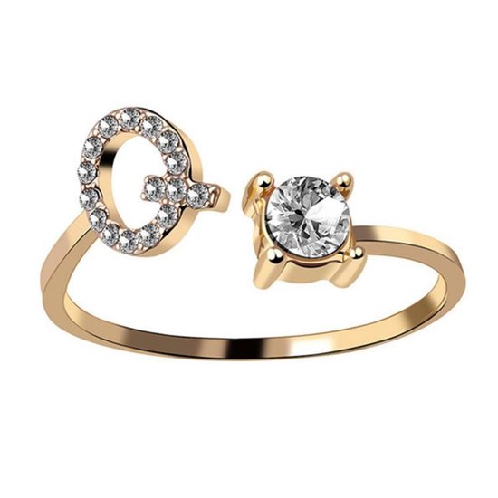 Ring Met Letter - Ring Met Steen - Letter Ring - Ring Letter - Initial Ring - (Zilver 925) Gold-Plated Letter Q - Cadeautje voor haar