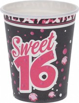 feestbekers 16 jaar papier roze/zwart 8-delig