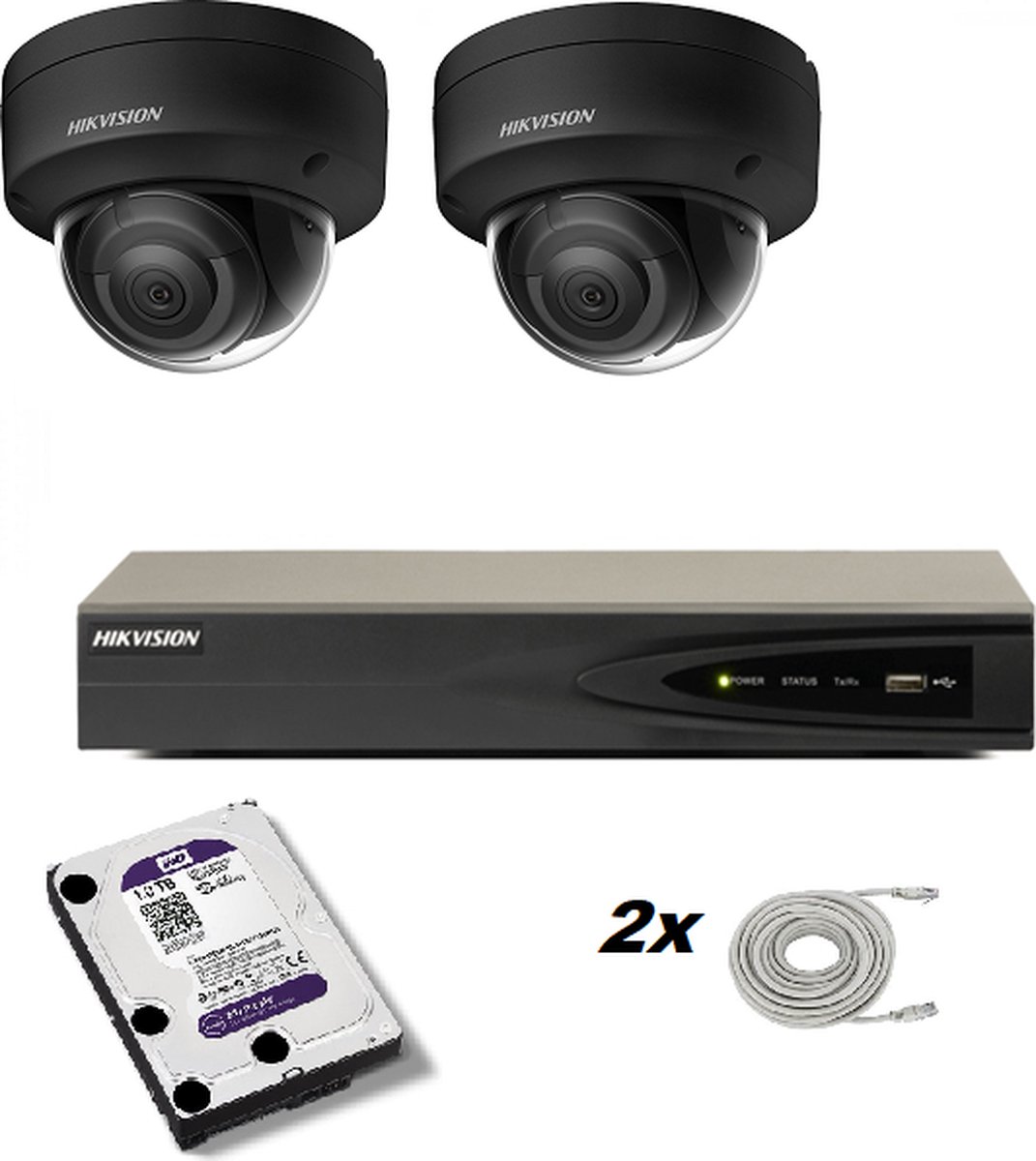 Set met 2 zwarte Hikvision DS-2CD2186G2-I 2.8mm 8mp camera’s, Hikvision recorder en Western Digital harde schijf