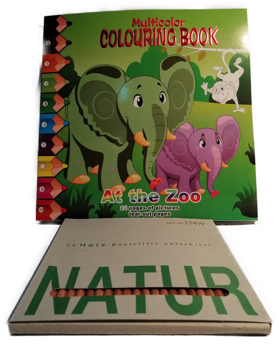 Kleurboek 29 x 29 cm - Olifanten - Kleuren op nummer - 24 pagina's - Voordeel Set 1 x kleurboek plus doos Duurzame Potloden 24 stuks