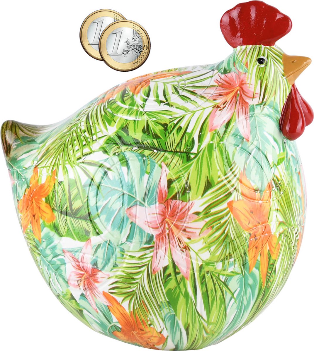 Kip / spaarpot - Groen / oranje / creme / wit - 18 x 14 x 18 cm hoog.