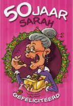 50 jaar Sarah! Van harte gefeliciteerd. Geniet maar lekker van een doosje bonbons! Een kleurrijke wenskaart om zo te geven, maar ook leuk om bij een cadeau te voegen. Een dubbele w