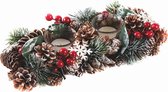 Kerststuk theelicht houder - Dennenappels en sneeuwvlokken | 31 cm / 2L | Decoratief kerststuk gemaakt uit natuurlijke materialen en voorzien van twee waxinehouders | Kerst decoratie | Rood