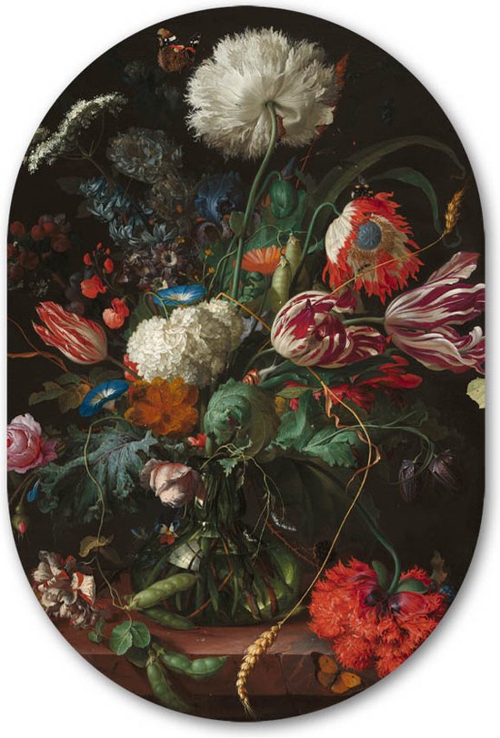 Wandovaal Vaas met Bloemen - WallCatcher | Geborsteld Aluminium 40x60 cm | Ovalen schilderij | Muurovaal Meesterwerk van Jan Davidsz. de Heem