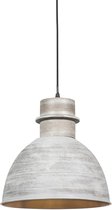 Grijze hanglamp met houten accenten, hangend aan een snoer.