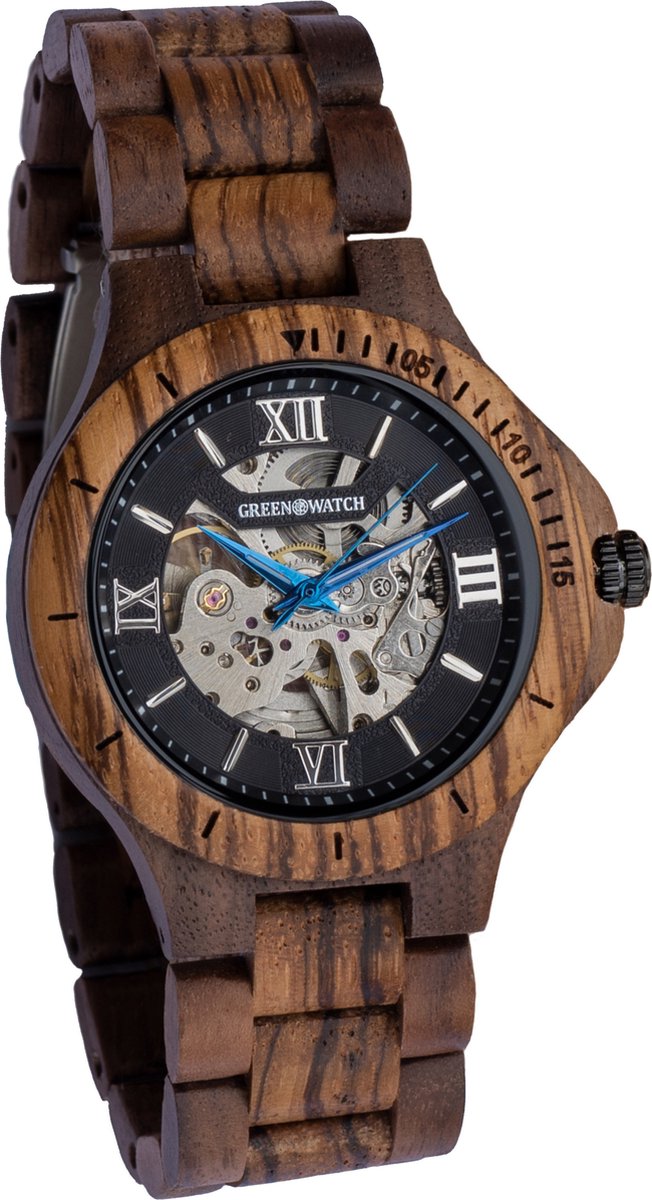 Greenwatch Blue Automatic - Houten horloge heren - Automatisch Uurwerk - Walnoot - Zebrahout