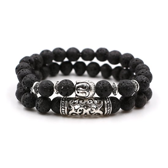 Kralen armband buddha dames heren - Set van 2 - Natuursteen kralen armband - 8mm rond - Zilveren Buddha - Elastisch - Cadeau voor hem of haar - Kralenarmband Zwart (vulkanisch)