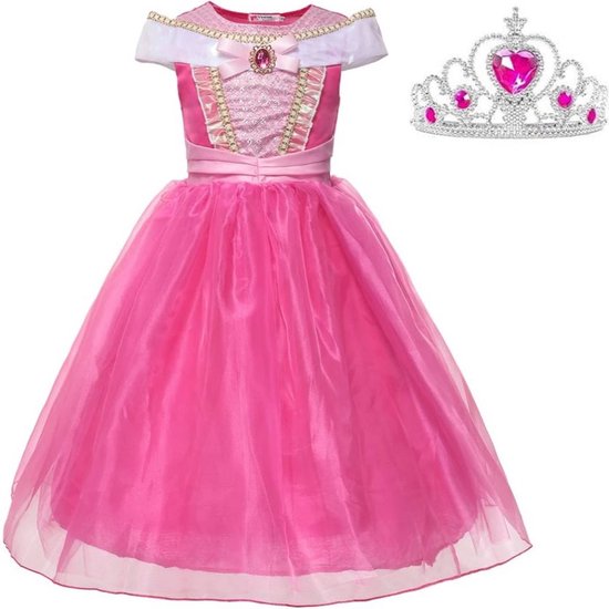Doornroosje jurk Prinsessen jurk verkleedjurk Luxe 104-110 (110) fel roze + kroon verkleedkleding meisje