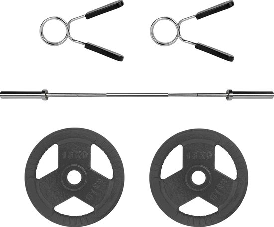 Foto: Ryzor halterset olympische halterstang 180 cm met gietijzeren halterschijven 2 x 15 kg barbellstang fitness stang bankdrukken gewichtheffen halterstang set halterstang met gewichten 50 mm incl veersluiting grijs staal