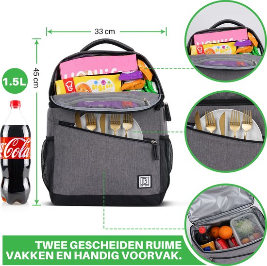 Brisby 4 Laags Geïsoleerde Koeltas Rugzak - 25 Liter - Met handige vakken voor Bestek en Essentials - Waterafstotend Materiaal - Donkergrijs van Brisby — afbeelding 4