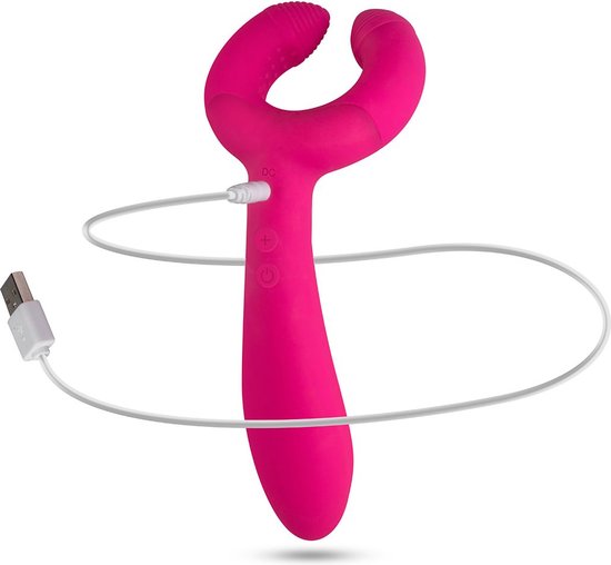 Roze paars koppel vibrator met Y-vormige bovenkant, opgeladen met een witte USB-kabel.