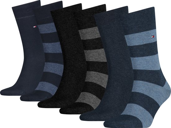 Tommy Hilfiger 6P sokken rugby stripe zwart & blauw - 39-42