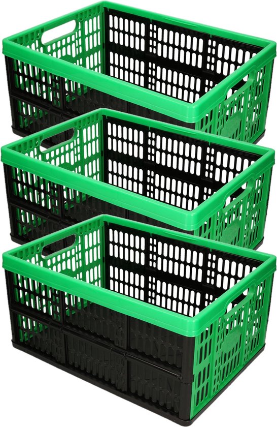 3x stuks opvouwbare kratten/inklapbare boodschappen kisten zwart/groen 48 x 35 x 24 cm - klapkratten - 32 liter inhoud