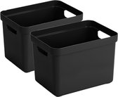 2x stuks zwarte opbergboxen/opbergdozen/opbergmanden kunststof - 18 liter - opbergbakken