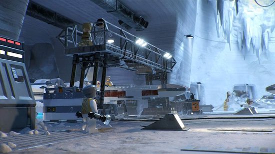 Lego-figuren op Hoth, een ijsplaneet, met een AT-AT en een Hangar.