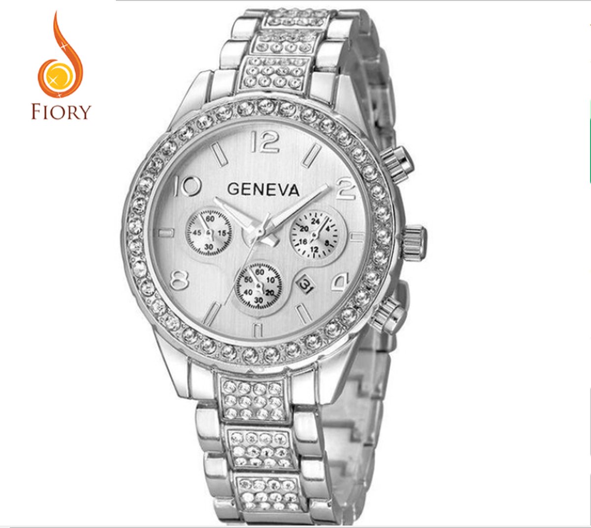 Fiory Horloge C1026 | Geneva | Horloge | Unisex| Strass steentjes | Roestvrijstaal | rond| zilver