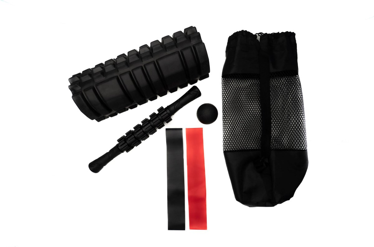 Foamroller - GMA Foam roller set 6 delig + 2x GRATIS Weerstandsband - Massage set - Massage stick - Massage bal - Foam roller - Grid Triggerpoint - Inclusief handige draagtas - Fitness - Yoga - Spierontspanning