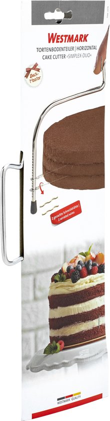 Westmark taartsnijder Simplex-Duo in verpakking met afbeelding van een taart met fruit en 2 snijdraden.