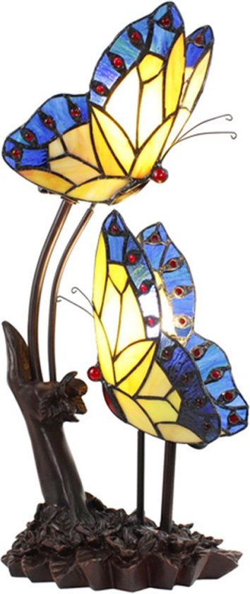 LumiLamp Tiffany Lampe de Table 24*17*47 cm E14/max 2*40W Blauw, Jaune Glas, Plastique Papillons Tiffany Lampe de Bureau Lampes Tiffany