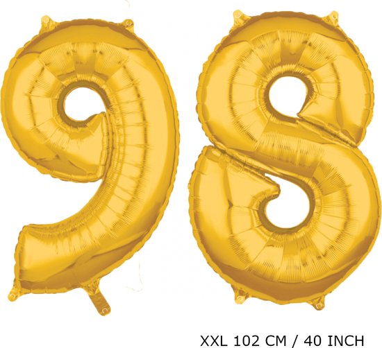 Mega grote XXL gouden folie ballon cijfer 98 jaar. Leeftijd verjaardag 98 jaar. 102 cm 40 inch. Met rietje om ballonnen mee op te blazen.