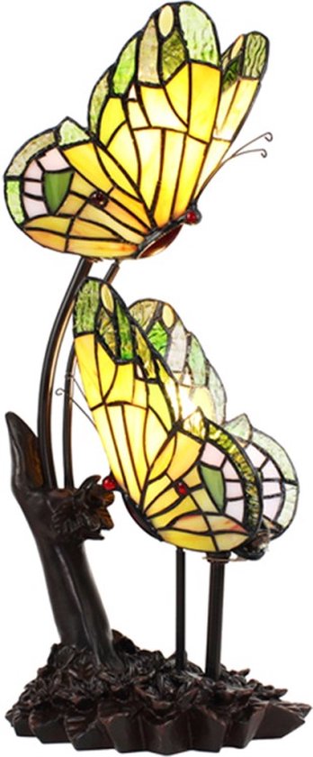 LumiLamp Tiffany Lampe de Table Papillons 24*17*47cm Jaune Glas Tiffany Lampe de Bureau Tiffany Lampes