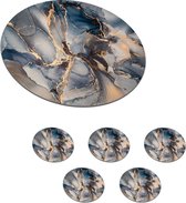 Onderzetters voor glazen - Rond - Marmer print - Grijs - Blauw - Luxe - Goud - 10x10 cm - Glasonderzetters - 6 stuks