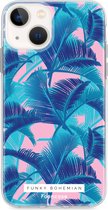 Fooncase Hoesje Geschikt voor iPhone 13 Mini - Shockproof Case - Back Cover / Soft Case - Funky Bohemian / Blauw Roze Bladeren