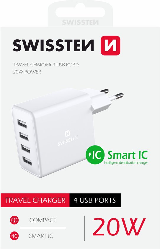 Swissten USB Oplader met 4 USB Poorten 20W Wit bol