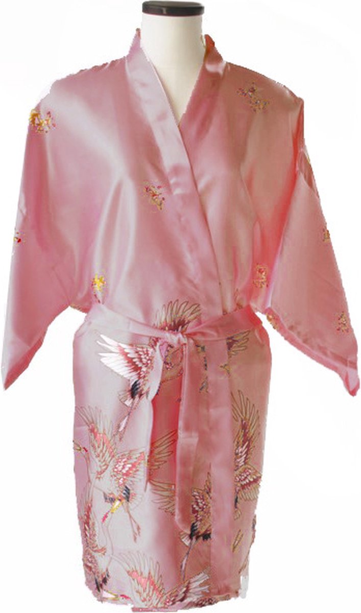 TA-HWA - Dames Kimono Kort- met Kraanvogels - Roze - Maat L