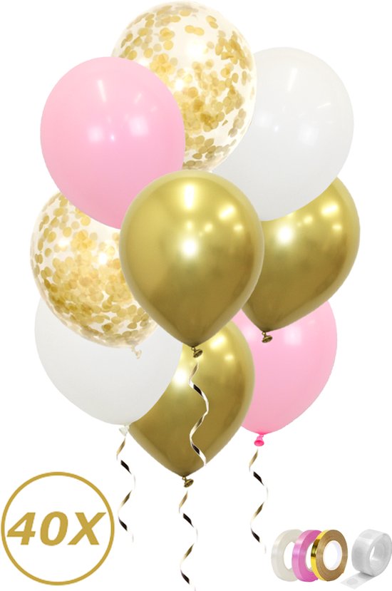 Gouden Ballonnen Confetti Verjaardag Versiering Roze Helium Ballonnen Babyshower Feest Versiering Geboorte Wit– 40 Stuks