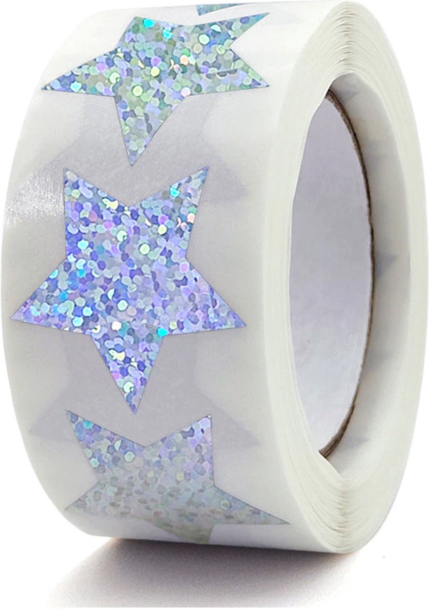 DW4Trading Stickerrol zilver glitter sterretje - sluitstickers - ø 2,6 cm - 500 stuks