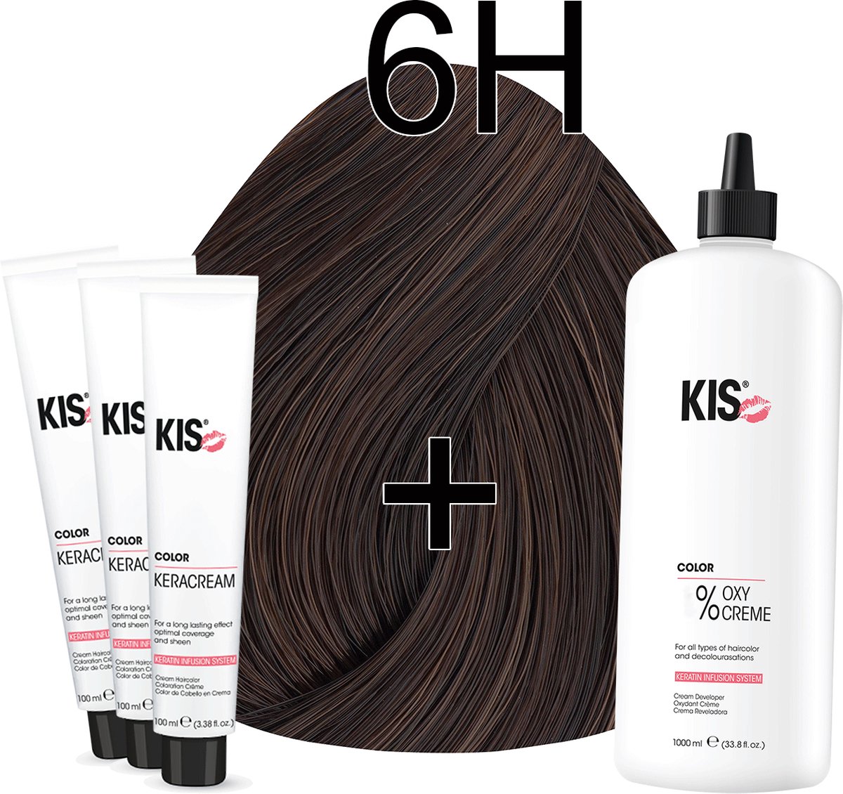 Kis KeraCream Color - 100ml - Haarverf Set - 6H Donker hazelnoot blond | KIS - (3 x haarverf & 1L waterstofperoxide)
