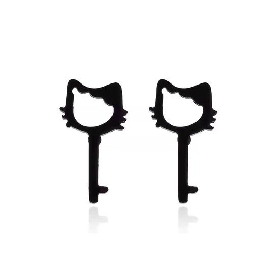 Gading® Oorknopjes - RVS dames Oorknoppen met kattenkop & sleutel- zwart-11mm*5mm