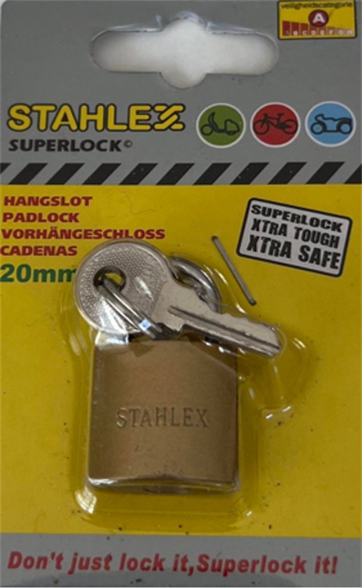Hangslot - Stahlex - Superlock - Extra safe - 20 mm - Hangslot voor o.a. Fietsen, brommers of uw reiskoffer/tas - Veiligheidscategorie A