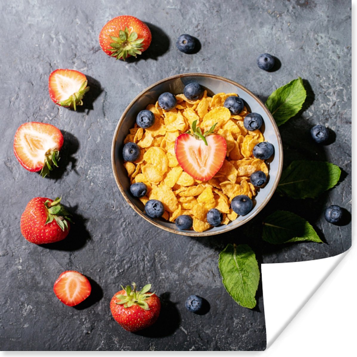 Poster Aardbei - Cornflakes - Bes - Kruiden - 75x75 cm