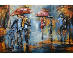 3D art metaalschilderij - romantisch - regen - man & vrouw onder paraplu - 120x80 cm - metalart