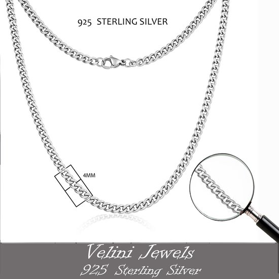 Velini jewels-4MM Cubaanse halsketting-925 Zilver Ketting- roestvrij -45cm met anker slot