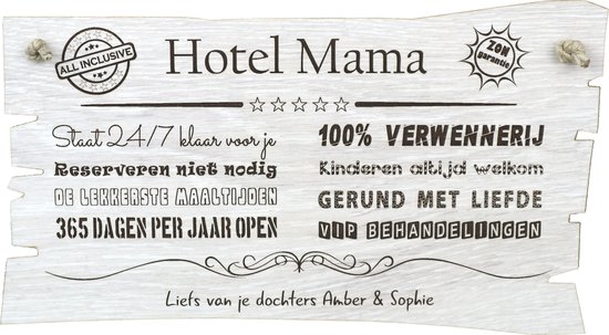 Hotel mama - tekstbord - wandbord - cadeau Moederdag - geschenk mam voor aan de muur - gepersonaliseerd - 17 x 29cm