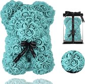 ZeyMem | Rozen Teddybeer Turquoise Incl. Gift Box | 25 cm |Rozen Beer | Turquoise| Rose Bear | With giftbox | Rozenbeer | Valentijnsdag | Moederdag | Roos | Cadeau | Bloem | Verjaa