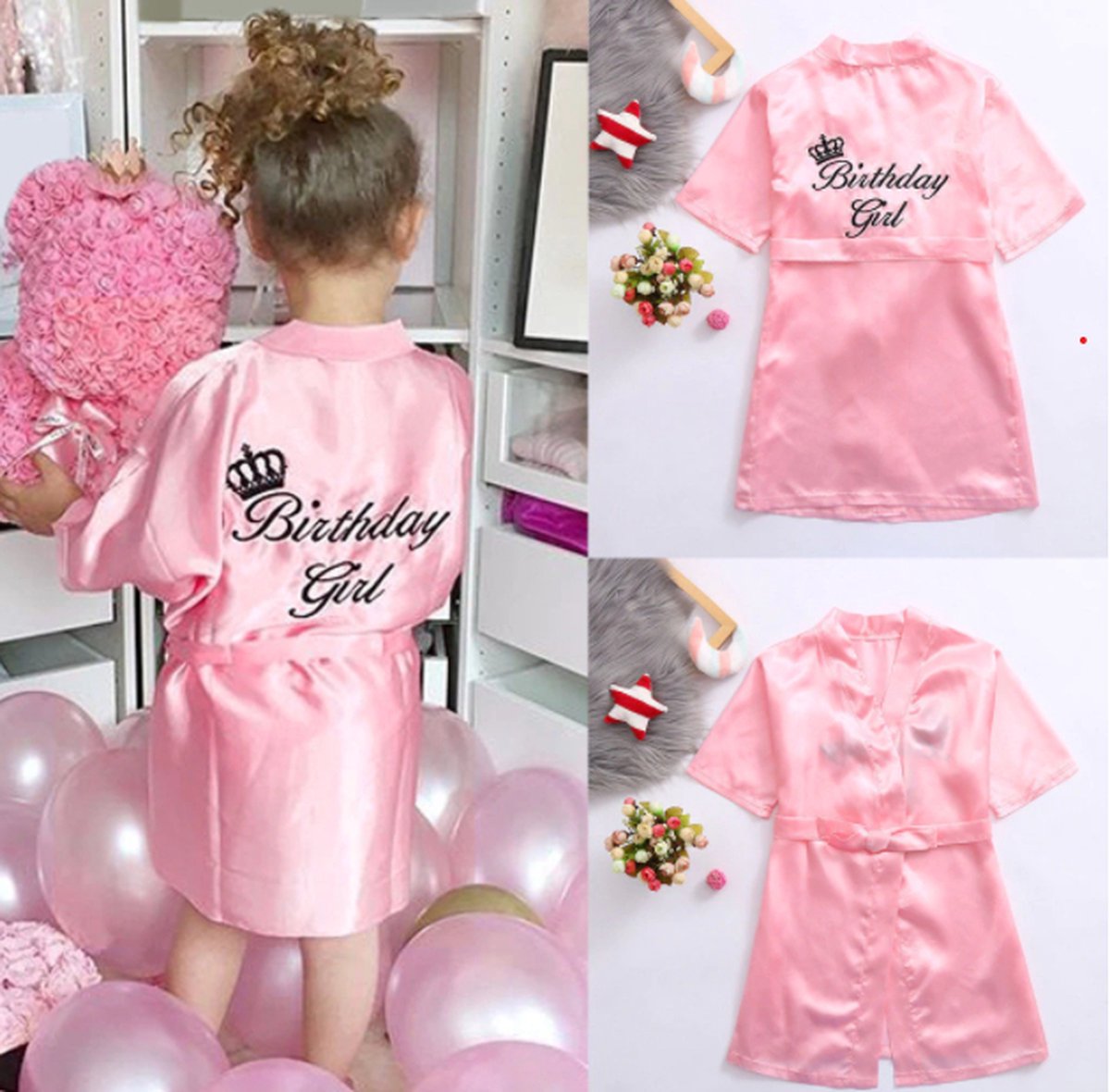 Fiory Kimono Birthday Girl Kinderen| Roze Kimono| Kinderen 4 jaar| Opdruk Birthday Girl| Maat 120| Verjaardagsfeestje| Kinderen| Roze