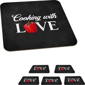 Onderzetters voor glazen - Tekst - Koken - Keuken - Paprika - Cooking with love - Liefde voor koken - Spreuken - 10x10 cm - Glasonderzetters - 6 stuks