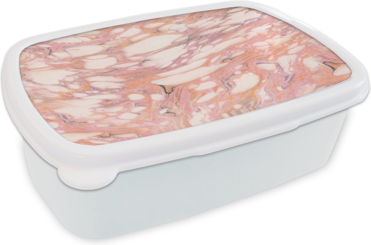 Broodtrommel Wit - Lunchbox - Brooddoos - Marmer - Oranje - Paars - 18x12x6 cm - Volwassenen