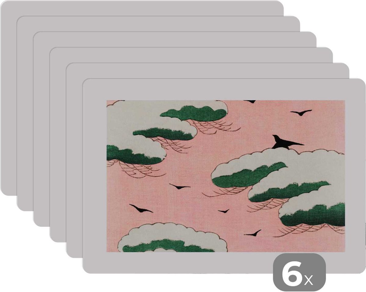 Placemat - Placemats kunststof - Wolken - Vogel - Japandi - Vintage - 45x30 cm - 6 stuks - Hittebestendig - Anti-Slip - Onderlegger - Afneembaar