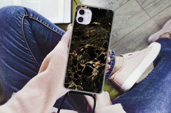 Cordon de téléphone - Chaîne de téléphone - Coque avec cordon iPhone 11 - Zwart - Or - Peinture - Siliconen - Bandoulière - Coque de téléphone avec cordon