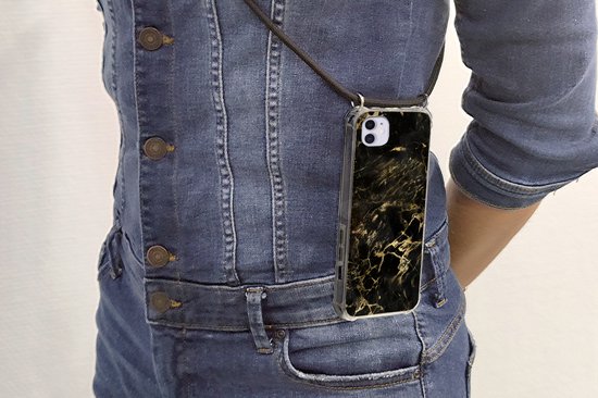 Cordon de téléphone - Chaîne de téléphone - Coque avec cordon iPhone 11 - Zwart - Or - Peinture - Siliconen - Bandoulière - Coque de téléphone avec cordon