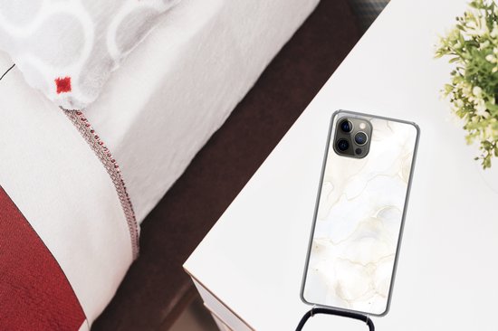 Cordon téléphonique - Chaîne téléphonique - Coque avec cordon iPhone 13 Pro Max - Marbre - Wit - Jaune - Siliconen - Bandoulière - Coque pour téléphone avec cordon