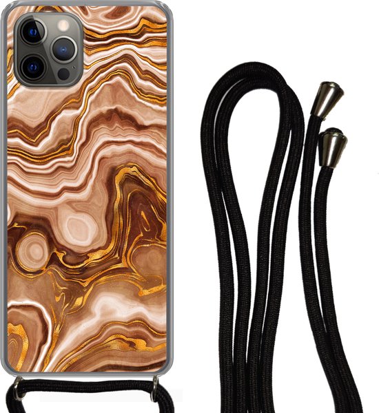 Coque avec cordon iPhone 13 Pro - Imprimé marbré - Doré - Motifs - Siliconen - Bandoulière - Coque arrière avec cordon - Coque pour téléphone avec cordon - Coque avec corde