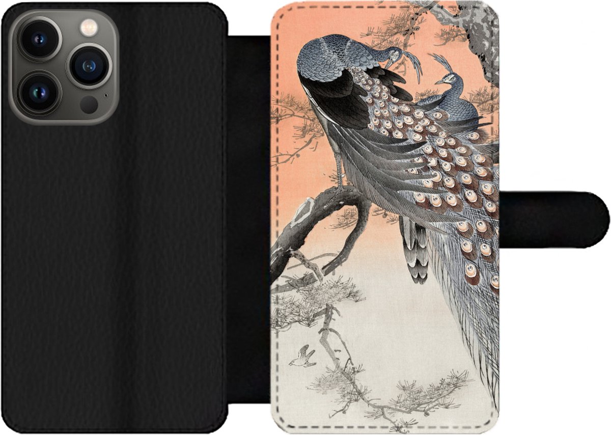 Telefoonhoesje Geschikt voor iPhone 13 Pro Max telefoonhoesje - Pauwenveren - Pauw - Japans - Vintage - Met vakjes - Wallet case met magneetsluiting