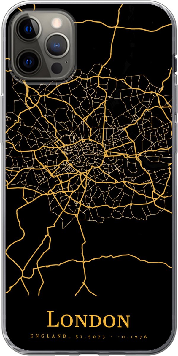Telefoonhoesje Geschikt voor iPhone 12 Pro Max hoesje - Londen - Kaart - Gold - Siliconen Telefoonhoesje Telefoonhoesje